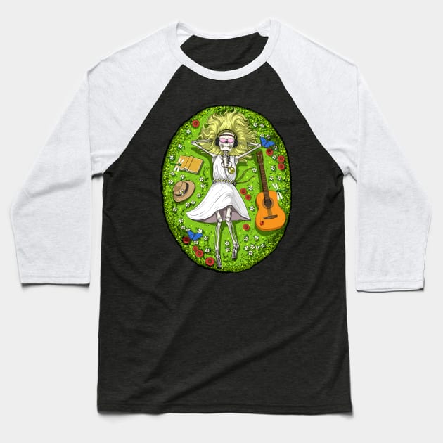 Hippie Skeleton Chilling Baseball T-Shirt by underheaven